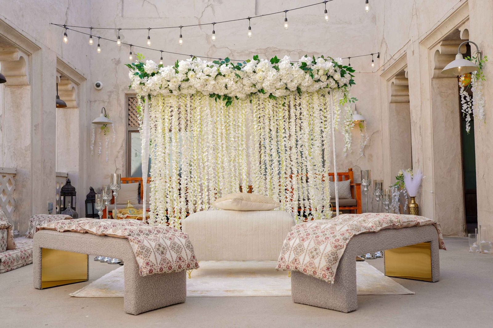 White floral haldi canopy